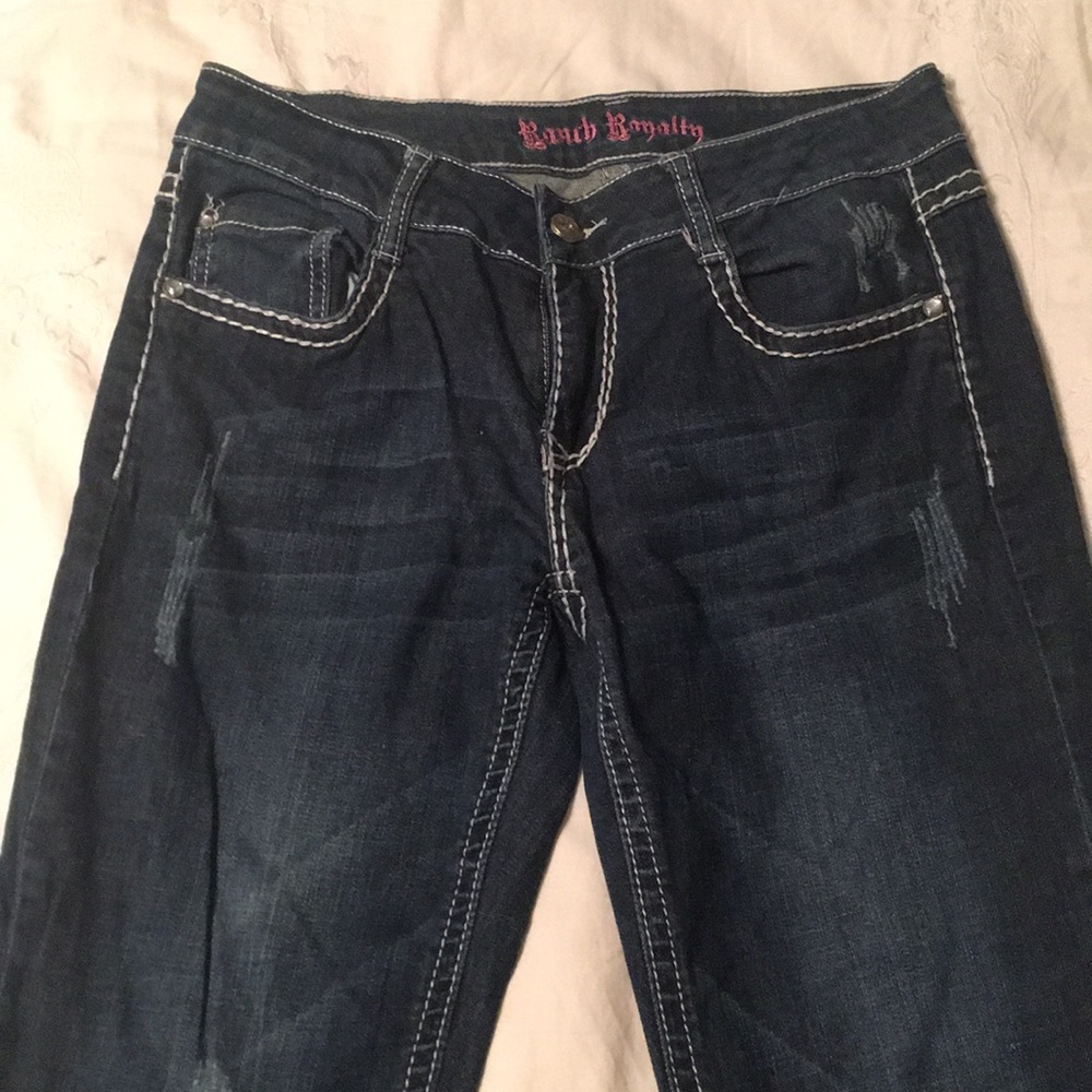Dark Denim boot cut jeans with white detail